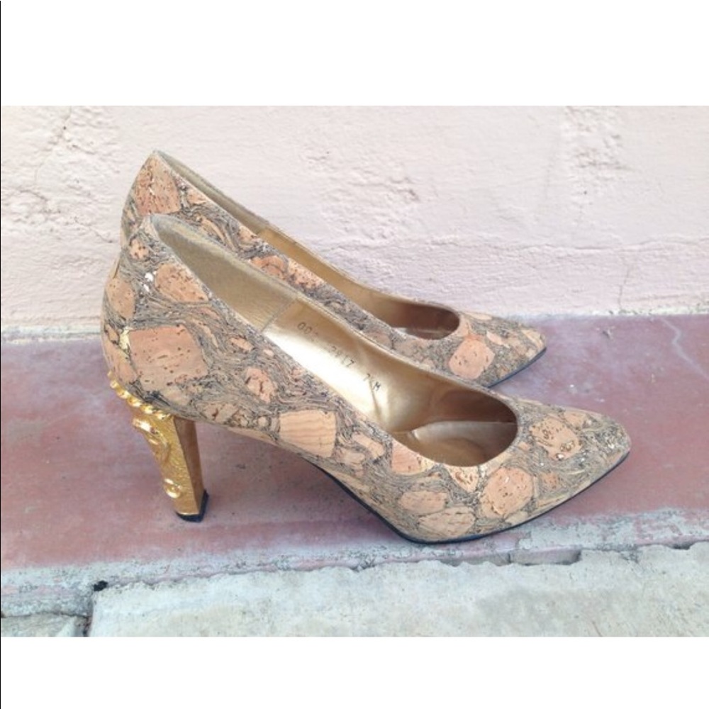 Vintage 1980's Harris' Cork and Gold Heels- 7 1/2